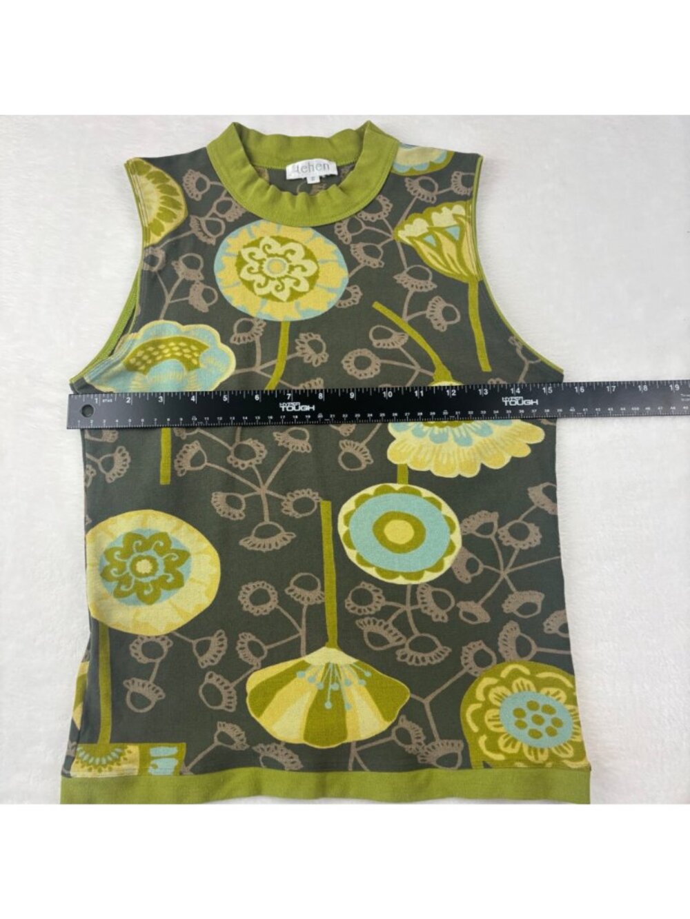Tehen Par S 2 Floral Sleeveless Top Green & Yellow Retro Design Vintage Y2K - Picture 3 of 6